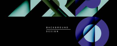 Soyut geometrik şekiller örtüşür, dinamik görsel efekt yaratır. Mavi, deniz mavisi, gri renkler koyu arkaplana hakim. Dijital projeler için modern tasarım.