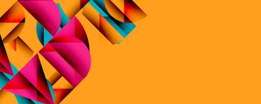 Soyut geometrik şekiller, canlı renkler, turuncu arka plan. Modern tasarım, dinamik kompozisyon, cesur görsel elementler.