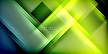 Soyut geometrik tasarım. Üst üste binen şekiller parlak yeşil, sarı parıltı yaratır. Koyu arkaplan aydınlık katmanları, modern estetiği vurgular.