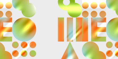 Renkli şekiller, daireler, çizgiler içeren soyut bir kompozisyon. Metin elemanları mevcut, arkaplan açık gri, siyah kenarlar görünür.