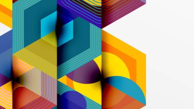 Soyut geometrik bileşim. Canlı renkler, katmanlı şekiller dinamik görsel deneyimler yaratır. Modern tasarım, temiz çizgiler, kalın desenler.