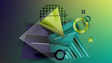 Soyut geometrik bileşim. Şekiller çakışıyor, derinlik yaratıyor. Renkler yeşillikler, morlar, sarılar. Çizgiler elementleri birbirine bağlar, dinamik görsel yapı oluşturur.