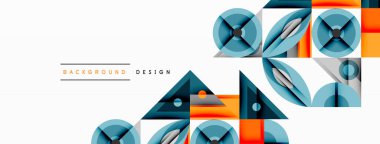 Geometrik şekiller, mavi, turuncu renkler modern tasarım yaratır. Minimalist desen arka planlara, afişlere, sunumlara uyuyor. Temiz çizgiler, canlı renkler..