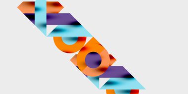 Soyut grafik tasarım, kelime kitabı ve üst üste binen renkli geometrik şekiller içeriyor. Modern estetik, basit arkaplan.