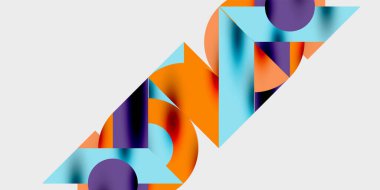 Soyut geometrik şekiller örtüşür, dinamik bileşim yaratır. Turuncu, turkuaz, mor renkler tasarımda baskın. Minimalist stil.