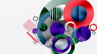 Soyut geometrik şekiller çakışıyor. Çemberler, çizgiler, noktalar dinamik bileşim yaratır. Modern tasarım, canlı renkler, temiz estetik..