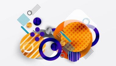 Soyut geometrik şekiller örtüşür ve canlı bir bileşim yaratır. Turuncu, mor noktalı dokuları olan baskın tasarım. Modern estetik.