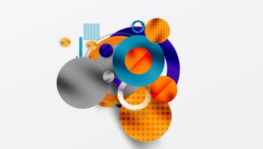 Soyut kompozisyon. Üst üste binen daireler, kareler, gradyanlar dinamik görsel efekt yaratır. Modern tasarım elemanları.