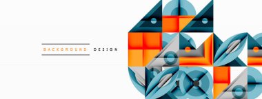 Geometrik şekiller, turuncu, mavi renkler modern soyut tasarım yaratır. Temiz çizgiler, arka planlar için vektör illüstrasyonu.