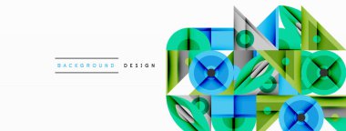 Soyut geometrik şekiller, canlı renkler, modern tasarım elementleri. Temiz çizgiler, katmanlı kompozisyon, görsel uyum..