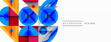 Soyut geometrik şekiller örtüşür, dinamik renkli kompozisyon yaratır. Parlak maviler, portakallar, kırmızılar beyaz alana hükmediyor. Modern tasarım ögesi.