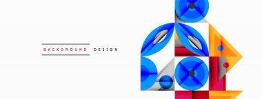 Soyut geometrik şekiller, canlı renkler, modern tasarım elementleri. Mavi, turuncu, mor dinamik bileşim yaratır. Temiz, minimalist stil.