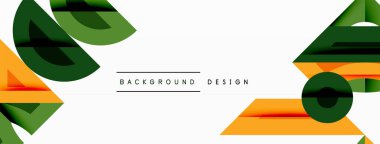 Soyut geometrik şekiller örtüşür, dinamik görsel kompozisyon yaratır. Turuncu, yeşil renkler beyaz arkaplana hakim. Minimalist metin mevcut.