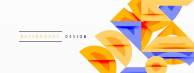Soyut geometrik şekiller örtüşür, canlı bir arka plan tasarımı yaratır. Turuncu, mavi renkler kompozisyona hakim. Minimalist stil.