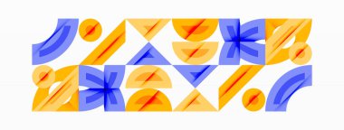 Soyut geometrik şekiller tekrarlanıyor, mavi ve turuncu renkler kullanılıyor. Desen dinamik görsel doku yaratır. Minimalist tasarım, mevcut temiz çizgiler.