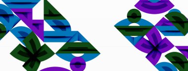 Soyut geometrik şekiller çakışıyor, canlı desenler yaratıyor. Mor, yeşil, mavi renkler beyaz arkaplana hakim. Modern tasarım elemanları.