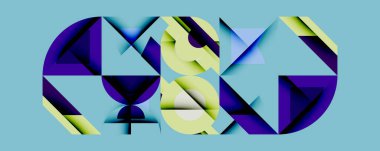 Soyut geometrik bileşim. Mor, sarı şekiller açık mavi arkaplanla örtüşüyor. Modern tasarım, keskin açılar, dijital sanat.