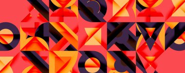 Soyut geometrik desen. Turuncu, kırmızı, mor şekiller, dinamik görsel doku oluşturur. Modern tasarım ögesi.