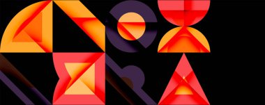 Soyut geometrik şekiller, canlı turuncu, kırmızı renkler siyah arkaplana hakim. Modern tasarım, dinamik kompozisyon.