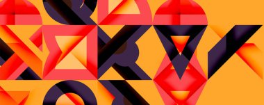 Soyut geometrik desen. Turuncu, kırmızı, mor renkler dinamik kompozisyon yaratır. Şekiller kesişiyor, karmaşık görsel doku oluşturuyor..