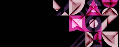 Soyut geometrik şekiller, pembeler, morlar siyah arkaplana hükmediyor. Karmaşık tasarım, modern estetik, ilgi çekici kompozisyon.