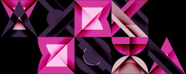 Soyut geometrik şekiller, pembeler, morlar siyah arkaplana hükmediyor. Karmaşık tasarım, modern estetik, keskin açılar mevcut..