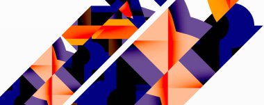 Soyut geometrik bileşim. Kalın şekiller kesişir, dinamik görsel efekt yaratır. Turuncu, mor, donanma baskın palet. Minimalist tasarım.