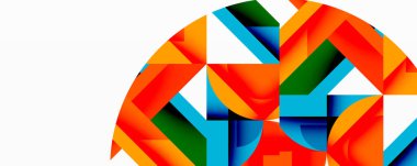 Soyut geometrik şekiller, canlı renkler, modern tasarım. Turuncu, mavi, yeşil elementler dinamik bileşim oluşturur. Minimalist estetik.