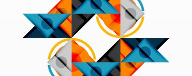 Soyut geometrik şekiller, üçgenler, daireler, turuncu, gri, mavi. Simetrik tasarım optik illüzyon yaratır. Modern, temiz estetik.