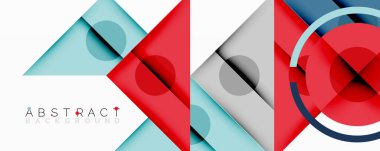 Geometrik şekiller örtüşür, canlı ve soyut bir tasarım yaratır. Kırmızı, gri, mavi tonlar kompozisyona hakim. Modern estetik.