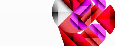 Soyut geometrik şekiller, canlı kırmızılar, pembeler, gümüş renkler. Modern tasarım, temiz çizgiler, minimalist estetik. Kompozisyon sağ tarafa odaklanır.