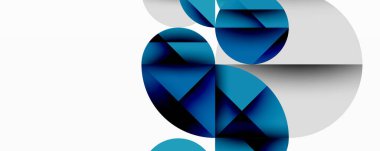 Soyut geometrik şekiller, mavi tonlar baskın gelir. Üst üste binen daireler dinamik görsel efekt yaratır. Minimalist tasarım, modern estetik.