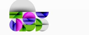 Soyut geometrik şekiller örtüşür, canlı renk blokları oluşturur. Çemberler, yarı daireler, gradyanlar bileşimi tanımlar. Modern tasarım elemanları.