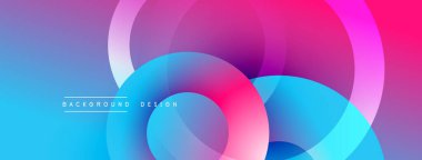 Soyut, enerjik çemberler çakışıyor, renkli gradyanlar yaratıyor. Mavi, pembe, mor renkler kusursuz bir şekilde harmanlanır. Modern tasarım ögesi.