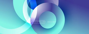 Soyut arkaplan özellikleri üst üste binen daireler, gradyanlar. Mavi, turkuaz, mor renkler modern görsel efektler yaratır. Minimalist tasarım.