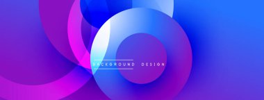 Soyut, canlı çemberler üst üste binerek dinamik, mavi ve mor renkler yaratıyor. Modern tasarım elementleri teknoloji ve yenilik öneriyor. Metin arkaplan tasarımı okur.