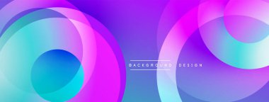 Soyut daireler canlı mor ve mavi renkleri harmanlarlar. Modern tasarım üst üste binen şekiller, değişken etkiler içerir. Minimalist metin mevcut.