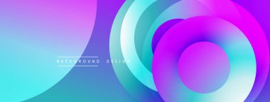 Soyut, enerjik tasarım, üst üste binen daireler. Gradyan renkler mor, mavi, pembe karışımı dinamik görsel efekt yaratır. Modern arkaplan.