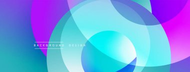 Soyut, enerjik tasarım, üst üste binen daireler. Renkler mavi, mor, turkuaz dinamik görsel efekt yaratır. Modern, pürüzsüz gradyanlar.