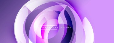 Soyut daireler, mor renkler, parlak çizgiler dinamik bir zemin oluşturur. Modern tasarım elementleri teknoloji ve yenilik öneriyor.