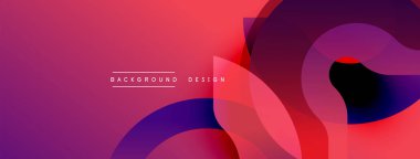 Soyut gradyan şekiller çakışıyor, dinamik görsel etki yaratıyor. Mor, kırmızı renkler kompozisyona hakim. Modern tasarım ögesi.