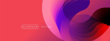 Soyut sıvı şekiller, canlı renkler, modern tasarım. Kırmızı arka plan mor ve pembe katmanları tamamlıyor. Minimalist metin mevcut.