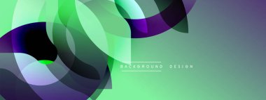 Soyut tasarım özellikleri üst üste binen şeffaf şekiller. Yeşil, mor renkler dinamik görsel efekt yaratır. Modern arkaplan ögesi.