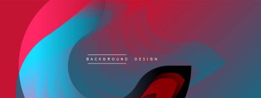 Soyut sıvı şekilleri örtüşür, canlı kırmızı ve mavi renkler yaratır. Modern tasarım elementleri dinamik hareket ve gösterişli sunum öneriyor.