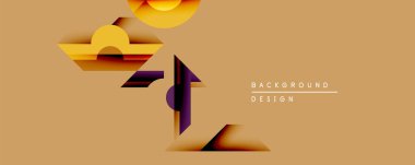 Soyut geometrik şekiller, sıcak renkler baskın gelir. Katmanlı elementlerle minimalist tasarım, derinlik yaratır. Arkaplan gün batımını veya ufku önerir.