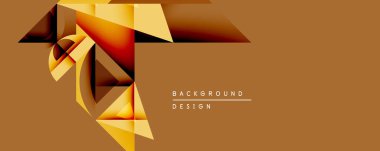 Soyut geometrik şekiller, sıcak renkler baskın gelir. Tasarım, katmanlı çokgenler, gradyanlar, kahverengi arka plan. Modern görsel kompozisyon.