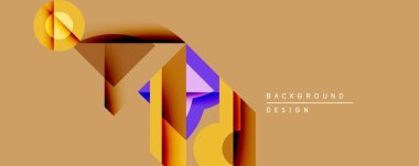 Soyut geometrik şekiller örtüşür, dinamik görsel efekt yaratır. Sıcak renkler, mor aksanlı kompozisyonda baskın gelir. Modern tasarım ögesi.