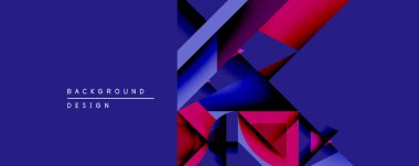 Soyut geometrik şekiller örtüşür, canlı renk kontrastı yaratır. Koyu mavi arka plana hükmediyor, kırmızı, pembe ve beyaz unsurlarla vurgulanıyor. Modern tasarım.