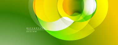 Soyut tasarım özellikleri üst üste binen daireler, gradyanlar. Sarı, yeşil renkler dinamik görsel efekt yaratır. Modern arkaplan ögesi.
