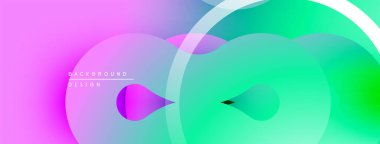 Soyut sıvı şekilleri canlı pembeler, maviler, yeşillikler harmanlıyor. Üst üste binen daireler dinamik görsel efekt yaratır. Modern tasarım ögesi.